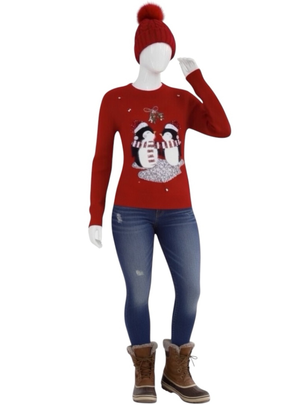 TRES CHIC sequin penguin red Christmas crewneck sweater sz S M L XL